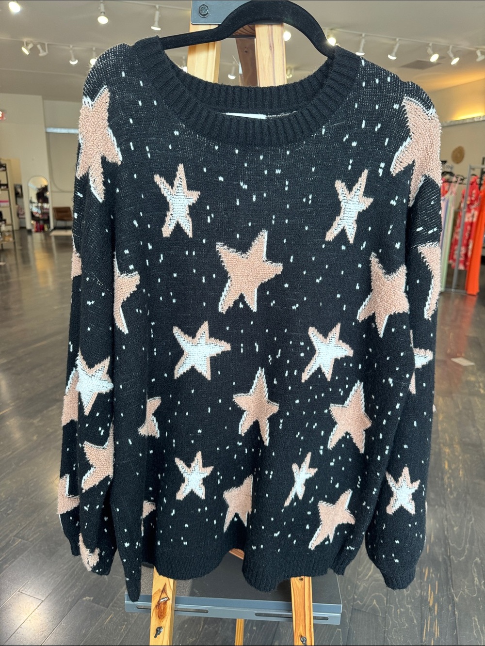 ADORA Black Crewneck Sweater with Blush and White Stars